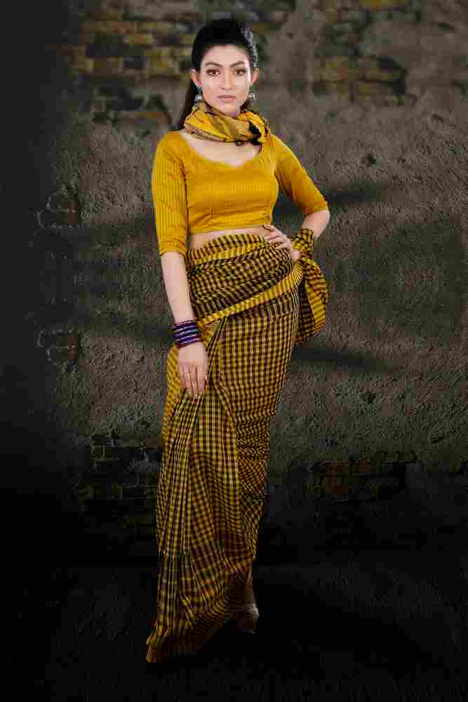 Yellow & Black Check Bengal Hand Woven Saree