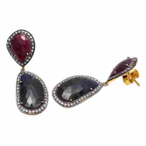 Labradorite Dyed Ruby & White Cz Gemstone Earrings