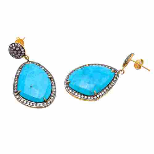 Turquoise & White Cz Gemstone Earrings