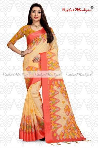 Georgette Linen Cotton Geometrical Printed Saree With Blouse