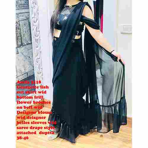 Georgette Fish Cut Skirt With Designer Blouse Set Drapped Saree