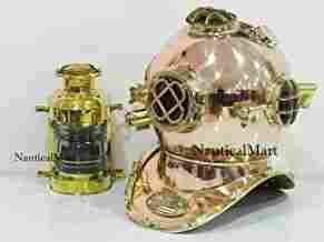 Copper Brass Mark V Diving Divers Helmet with Nautical Oil Lamp Lantern