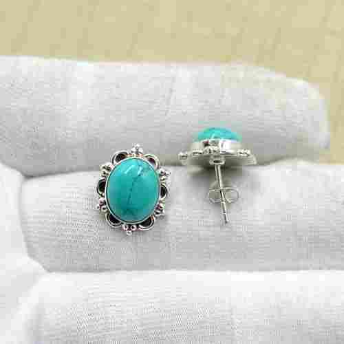 Silvesto India 925 Sterling Silver Natural Tibet Turquoise Oval Shape Gemstone Stud Earring For Women