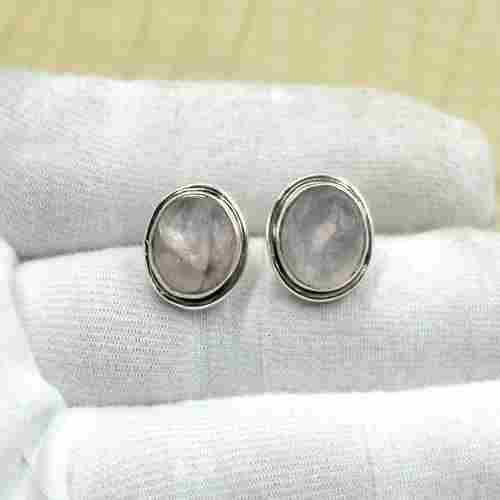 Silvesto India 925 Sterling Silver Natural Rose Quartz Oval Shape Gemstone Stud Earring For Women