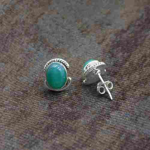 Silvesto India 925 Sterling Silver Natural Green Onyx Oval Shape Gemstone Stud Earring For Women