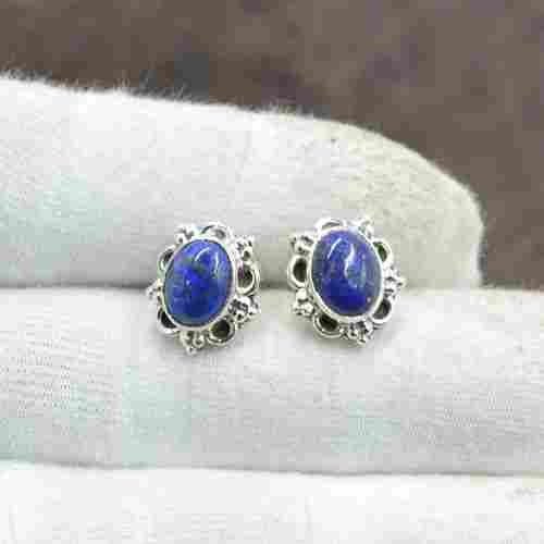 Silvesto India 925 Sterling Silver Natural Blue Lapis Lazuli Oval Shape Gemstone Stud Earring For Women