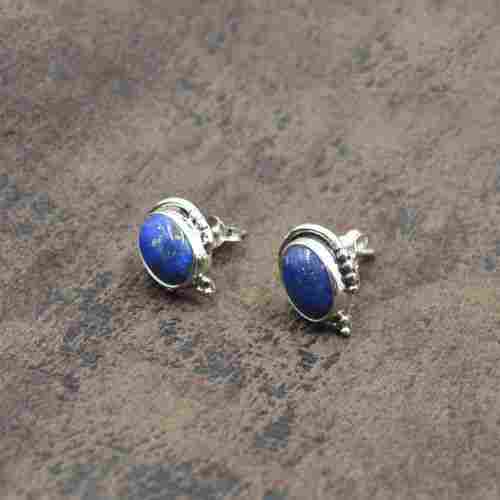 Silvesto India 925 Sterling Silver Natural Lapis Lazuli Oval Shape Gemstone Stud Earring For Women