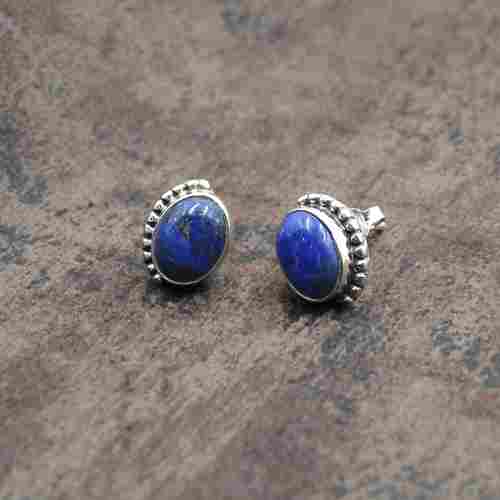 Silvesto India 925 Sterling Silver Natural Lapis Lazuli Oval Shape Gemstone Stud Earring For Women