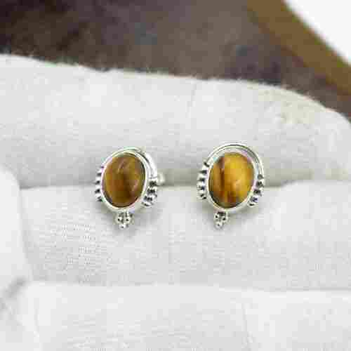 Silvesto India 925 Sterling Silver Natural Yellow Tiger EyeOval Shape Gemstone Stud Earring For Women