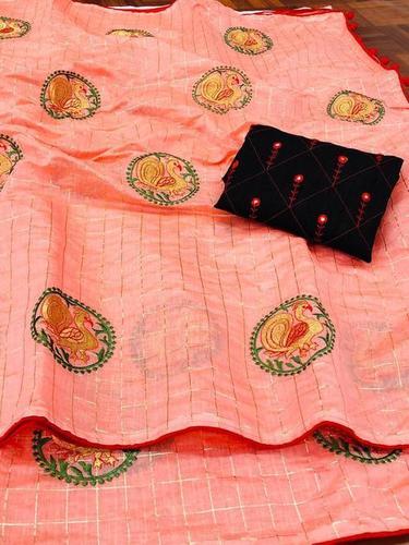 Pink Embroidery Work Silk Saree