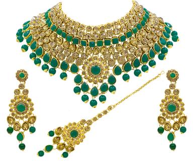 Green Beautiful Design Gold Plated Necklace Set For Women (Green)