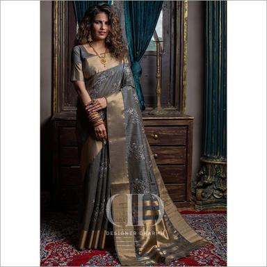 Casual Ladies Grey Designer Soft Mysore Silk Embroidered Saree