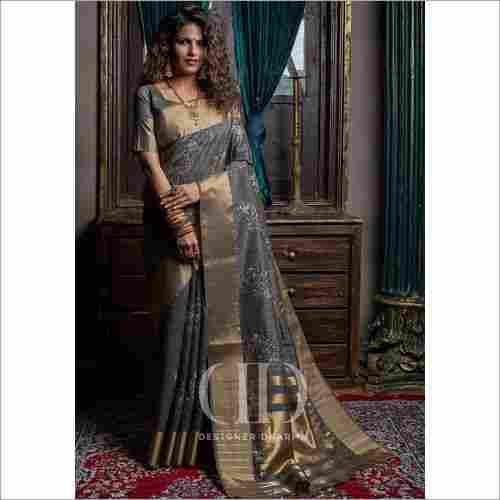 Ladies Grey Designer Soft Mysore Silk Embroidered Saree