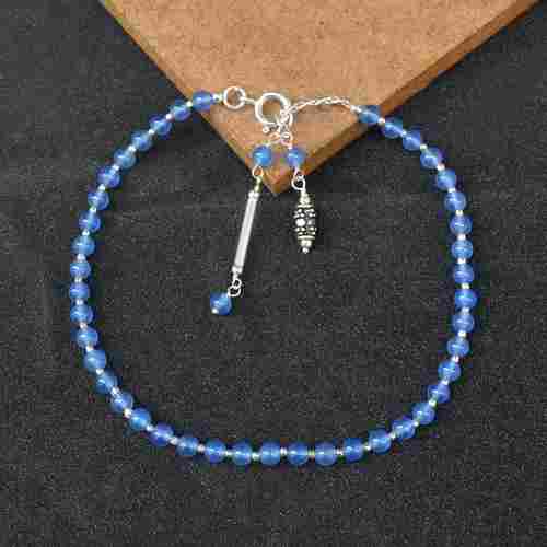 MZ AT-20029 Blue Chalcedony Gemstone Anklet 925 Sterling Silver Beaded Anklet For Women