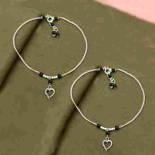 MZ AT-20084 Black Onyx Gemstone & Heart Shape Charm Anklet 925 Sterling Silver Beaded Anklet For Women & Girls