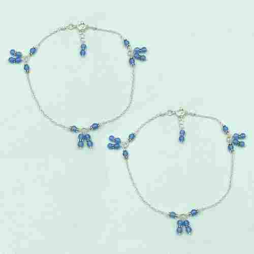 MZ AT-20112 Blue Chalcedony Gemstone Anklet 925 Sterling Silver Handmade Beaded Anklet