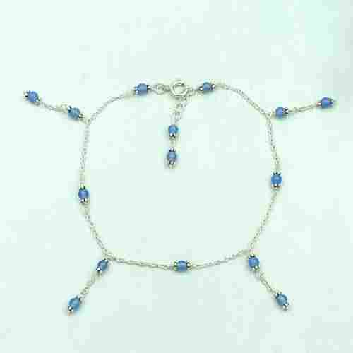 MZ AT-20123 Blue Chalcedony Gemstone Beaded Anklet 925 Sterling Silver handmade Silver Jewelry