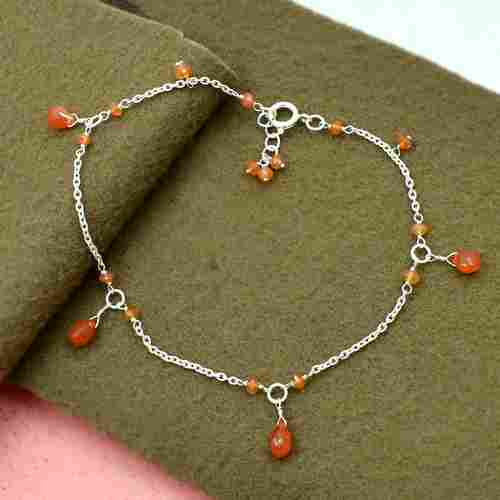 MZ AT-20145 Natural Carnelian Gemstone Anklet 925 Sterling Silver Beaded Anklet For Women