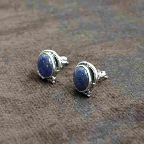 MZ ER-2518 925 Sterling Silver Natural Blue Lapis Lazuli Oval Shape Gemstone Stud Earring For Women