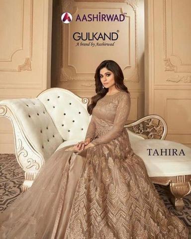 Multi Color Aashirwad Gulkand Tahira Party Wear Georgette Net Gowns Catalog
