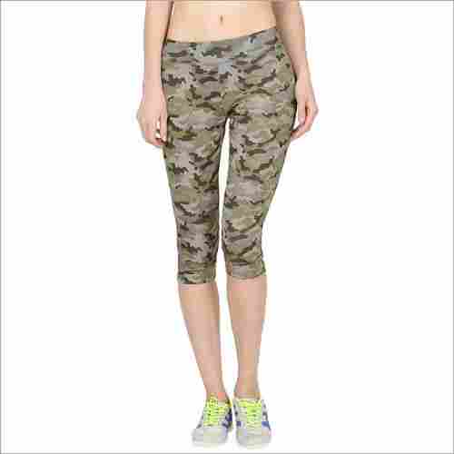 Ladies Military Green and Black Slim Fit Sports Capri