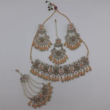 Peach Pakistani Jewellery Necklace with Earrings, Maangtikka and Passa