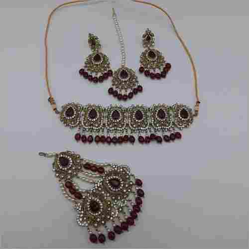 Ruby Pakistani Jewellery Necklace with Earrings, Maangtikka and Passa