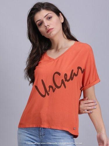 Urgear Casual Half Sleeve Solid Women Orange Top Decoration Material: Cloths