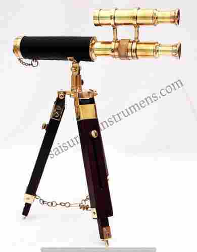 10 Inch Shiny Polished Brass Double Barrel Telescope With Wooden Box