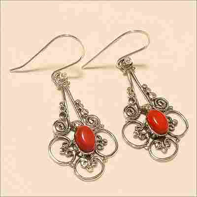 Sterling Silver Natural Italian Coral Jali Earring