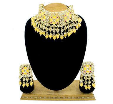 Meenakari Kundan Yellow Color Choker Necklace Earring Jewellery Set Gender: Women