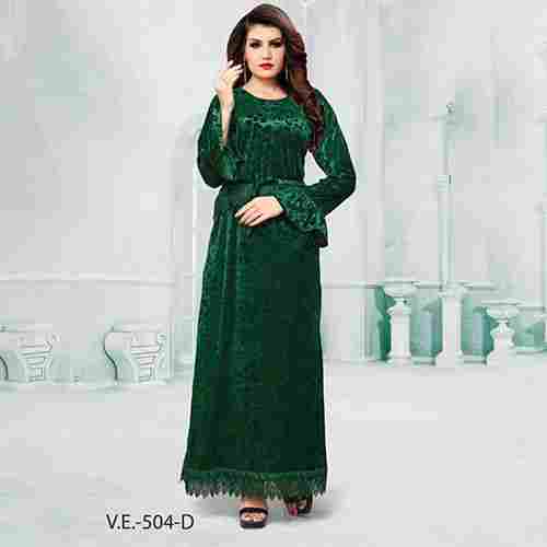 Green Full Sleeves Velvet Gown With Print
