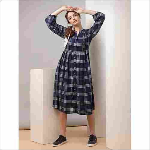 Ladies Blue Checked Fit And Flare Dress