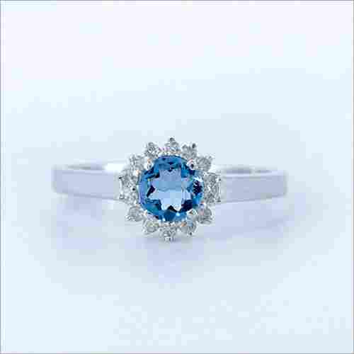 14k White Gold Ring Set With Aquamarine And Diamonds, Fine Ring