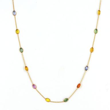 18k Solid Gold Chain Necklace Faceted Multi Sapphire Stone Gold Necklace