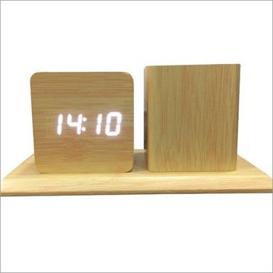 Brown Wooden Pen Stand With Table Clock