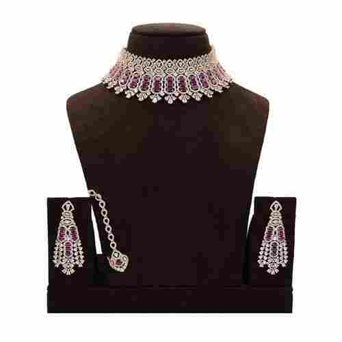 American Diamond Necklace With Maang Tikka Purple Stone