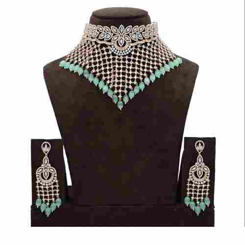 American Diamond Necklace With lime blue beads