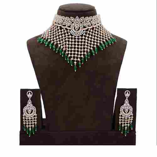 American Diamond Necklace With Emerald beads
