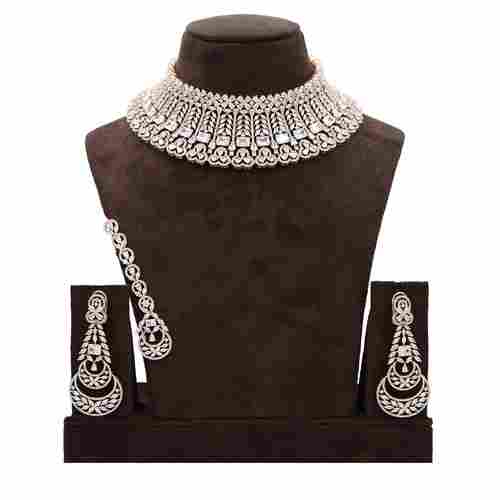 American Diamond Necklace With Maang Tikka White Stone