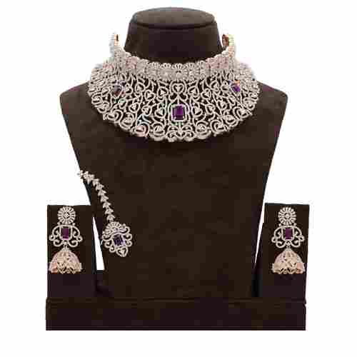 American Diamond Necklace With Maang Tikka Purple Stone