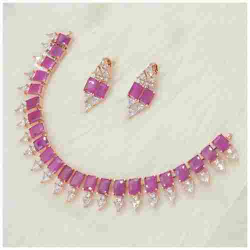 Rose Gold Plated American Diamond Necklace Set With Ruby Colour Stone Work