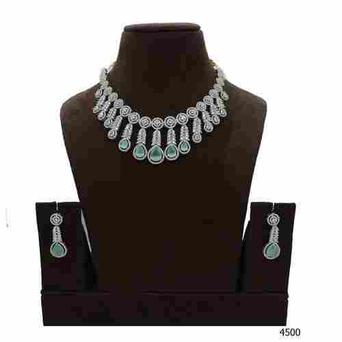 American Diamond Necklace Set With Green Colour  Stone Work