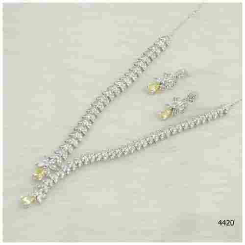 American Diamond Necklace With Yellow sapphire Colour Stone Work