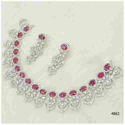 American Diamond Necklace Set With Pink sapphire stone work