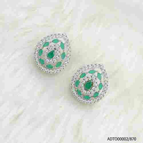 American Diamond White Rodium Plated Tops With Green Color Stone