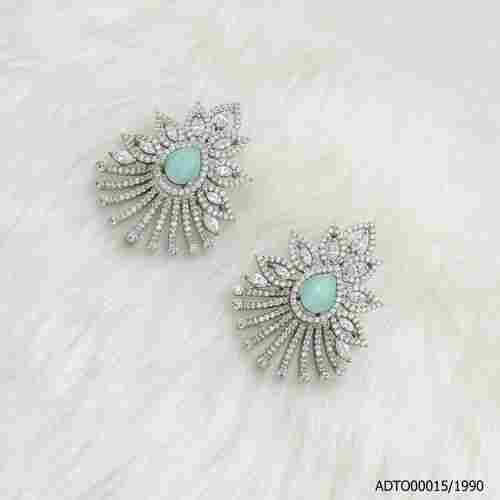 American Diamond White Rodium Plated Tops With Mint Green Color Stone