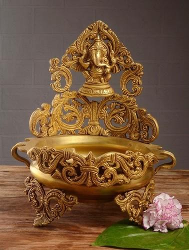 Yellow Antique Floating Candle Pot Brass Metal Made - Home Decor Lord Ganesha Figure Urli