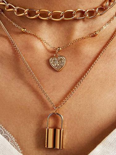 Stunning Gold Plated Triple Layered Chunky Chain Link Heart And Lock Pendant Necklace Gender: Women
