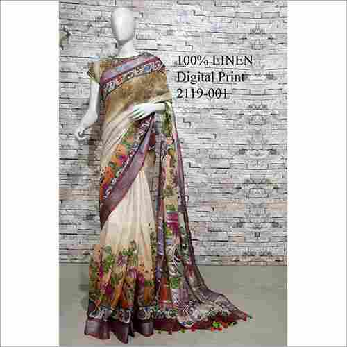 Ladies Linen Digital Printed Saree